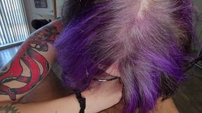 purple-haired trans girl takes huge cock in first ever video