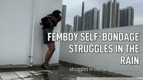 Femboy in self-bondage struggles in the rain on the rooftop