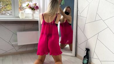 Blonde college girl strips see through mesh for big ass freaks in cleaning solo