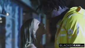 Brunette takes a fat black cock in doggystyle and gets creampied