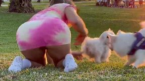 Blonde teen flaunts pussy in public park