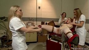 Three hot lesbian nurses Aiden Starr, Krissy Lynn, and Tanya Tate strap, whip, and fuck busty redhead MILF Bella Rossi in hospital