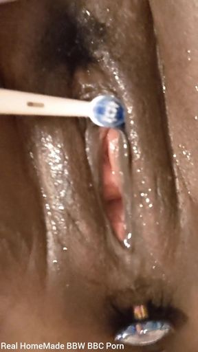 Pounding My Wet Pussy with Big Dildo Stimulating My Clit with Electric Toothbrush
