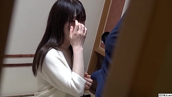 Extremely hairy unfaithful freshly married Japanese wife engages in cuckolding while her elated husband watches beginning with the teasing of a blowjob followed by stripping stark naked