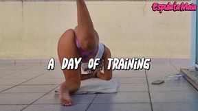 Hot brunette doing yoga on the balcony for all the neighbors to see with her shorts tucked up her ass