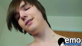 Lusty emo twink jerks off his big cock & sprays big load