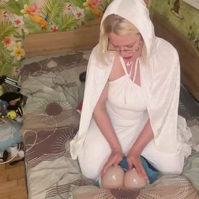 Queen in white hood Tease, suck and oil handjob the tranny till cum