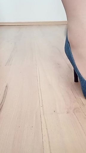 Crossdresser Walks in Sexy Blue Jeans Pointed Toe High Heels Pumps with Buckle