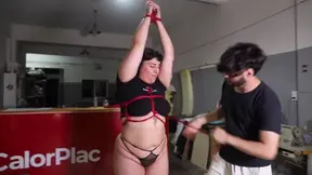Thick alt babe bound in red rope with pierced nipples and big back tat getting manhandled