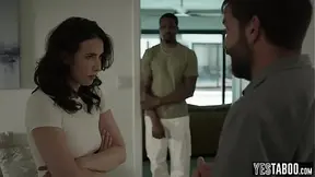 Lonely brunette housewife gets a big black surprise from her cuckold husband