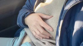 she open hairy pussy in the car then go outside piss