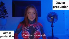 Cosplay. The slutty redhead girl gets a spiderman body paint done and starts giving a deepthroat blowjob and then gets fucked in all positions in her