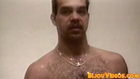 Retro hairy stud jerks off passionately before cumming solo