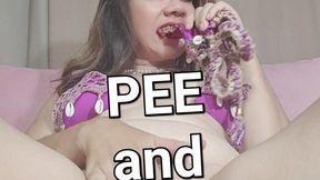 Pee 2x during storm, show wetspots and lick panties