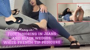 Goddess Marcy Foot Ignoring, Black Wedges Dangling, Jeans, White French Tip Pedicure