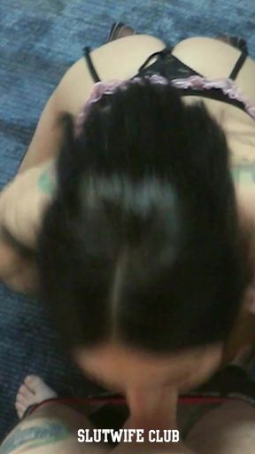 Gia Chains on her knees, eyes locked, while her warm mouth milks me hands-free