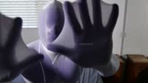 Nylon encasement in Shiny White Silky Pantyhose layered with a Purple Zentai Spandex Suit