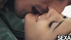 Charming lovers warm up on a snowy day with passionate fucking