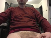 Kudoslong in just a top wanks his hard hairy cock till he cums spurting over his belly and crotch
