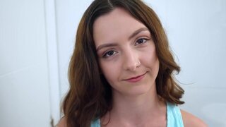 Cute teen kneels in front of her stepbrother's long dick