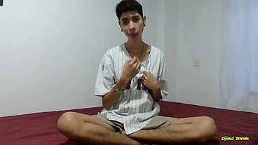 Jerking my bick twink cock while sucking a black dildo until I cum.