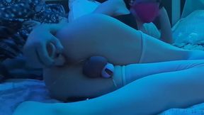 Sissy femboy's tight ass pounded raw by huge dildo gagging on cock