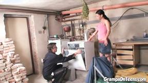 ”Unshaved teen can't pay to old repairman, fucks him instead!”