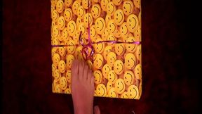 Unwrapping gift and solve a puzzle in 5 toe nylons