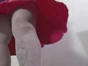 Windy Upskirt Tease FREE PREVIEW fan blowing pink skirt white thigh highs fishnets thong
