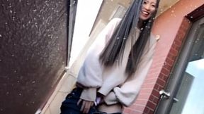 Outdoor Japanese girl stands to pee; then she enjoys masturbation with a toy