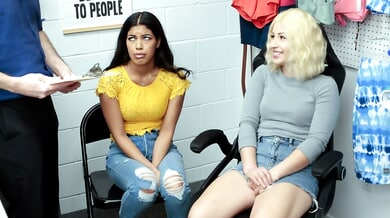 Sleazy security guard catches two hot big-titted teens and makes them fuck each other and him