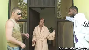 Redhead granny gets 3some with BBC and white cock