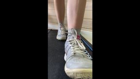 Fitness girl undresses on the treadmill and masturbates