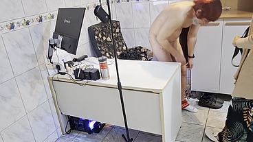 Female boss orders employee to take off his clothes and sucks his ass.