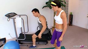 Fitness Teen in Spandex seduce to Fuck by Big Dick Guy during Sport