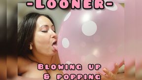 Sexy busty looner: she inflates and pops pink balloons + masturbation + blows to pop