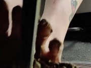 Pedal pumping ice cream sandwichs wearing white ankle socks then barefoot in my truck behind pedal