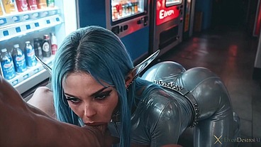 A blue-haired elf girl with pierced nipples gets fucked in the middle of the street!! I tore appart her latex stockings and her tight holes!! [AI]