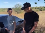 Straight guy fucked 18 year old student outdoor by car and both cum