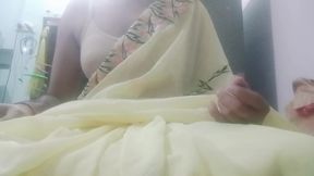 Indian Gay Crossdresser Gaurisissy Feeling Horny in Yellow Saree Just Like a Housewife
