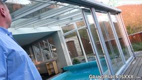 ”Horny grandpa has his big thick prick sucked by two hot babes”