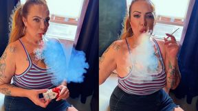 Custom - Smoking in my room wearing a denim mini skirt, ponytail, and natural light - Marlboro Reds 100