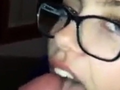 Girl with glasses gives blowjob but wasn't ready for cim