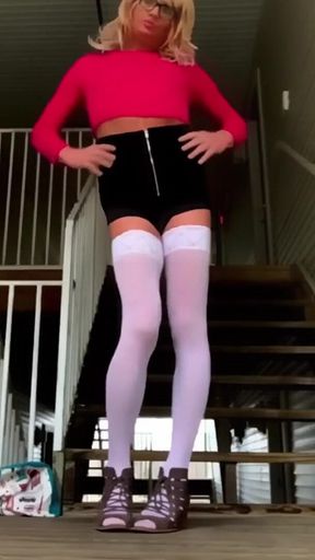 Slutty Public Sissy Outside in High Heels and Thigh Highs