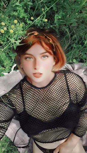 Redhead Crossdresser Outdoor Fishnett