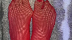 Melove in really sexy red stockings with red nail polish