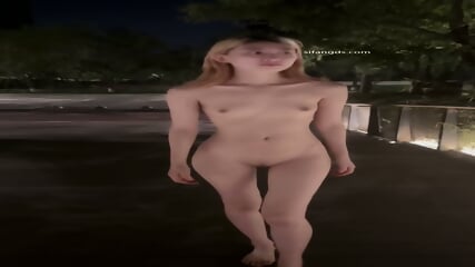 Hot Chinese girl walking nude at night at the bridge