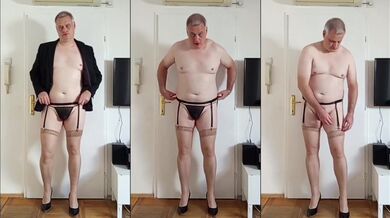 Amateur crossdresser striptease in stockings gushing choked