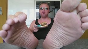 Eating 2 burgers, showing my soles and burp