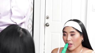 Thick Asians Suki Sin and Emerald Loves are moaning while fucking in a wild threeway